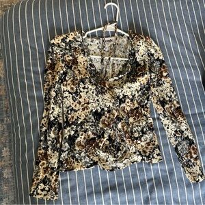 Rouje Brown and Blue Floral Wrap Top/Blouse